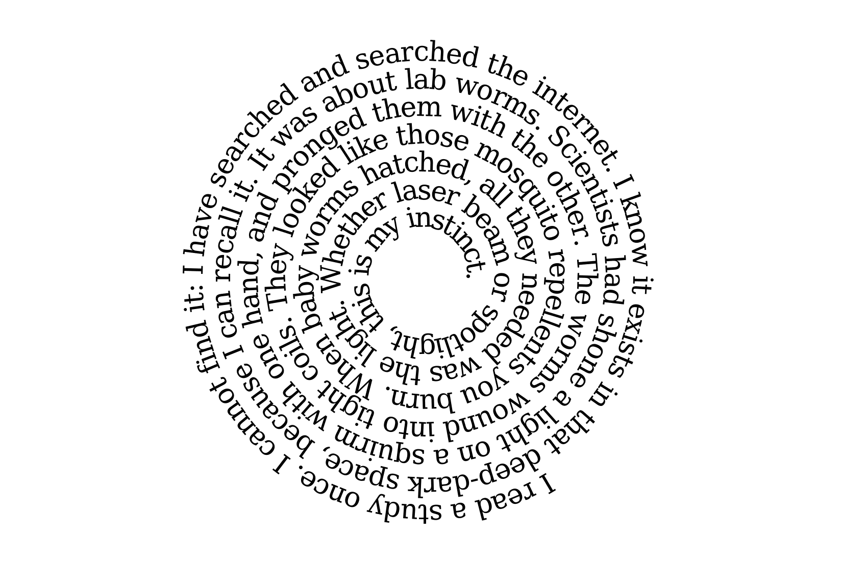 I read a study once. I cannot find it: I have searched and searched the internet. I know it exists in that deep-dark space, because I can recall it. It was about lab worms. Scientists had shone a light on a squirm with one hand, and pronged them with the other. The worms wound into tight coils. They looked like those mosquito repellents you burn. When baby worms hatched, all they needed was the light. Whether laser beam or spotlight, this is my instinct.